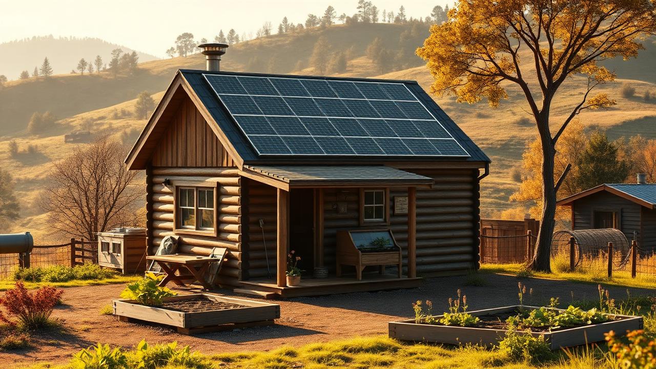 Off-grid solar homestead cabin tiny home design with garden A log-walled cabin with a full north-facing solar array, a rainwater. Images Created by www.TinyHome-Revolution.com