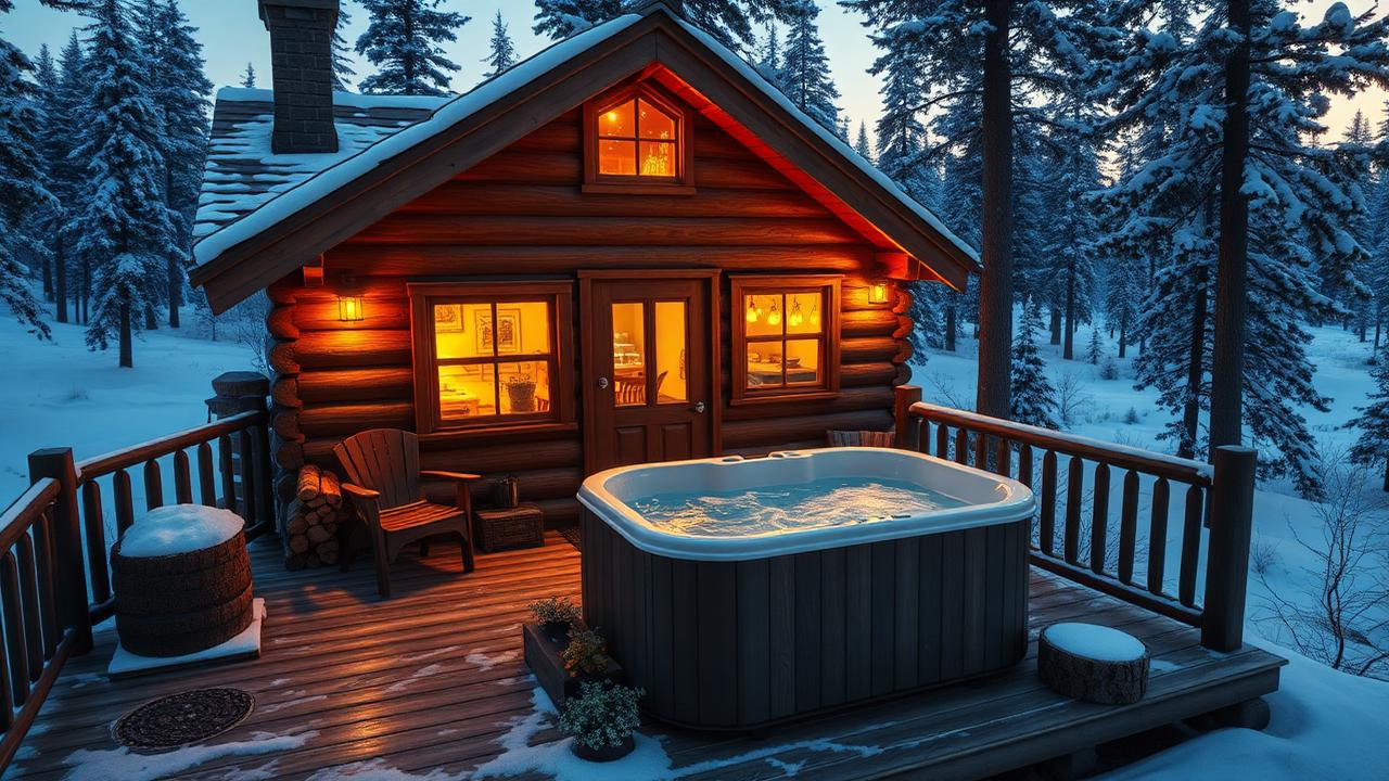 Snow cabin with a wood-fired tub tiny home design with garden Heavy log walls, a deep deck and a wood-fired. Images Created by www.TinyHome-Revolution.com