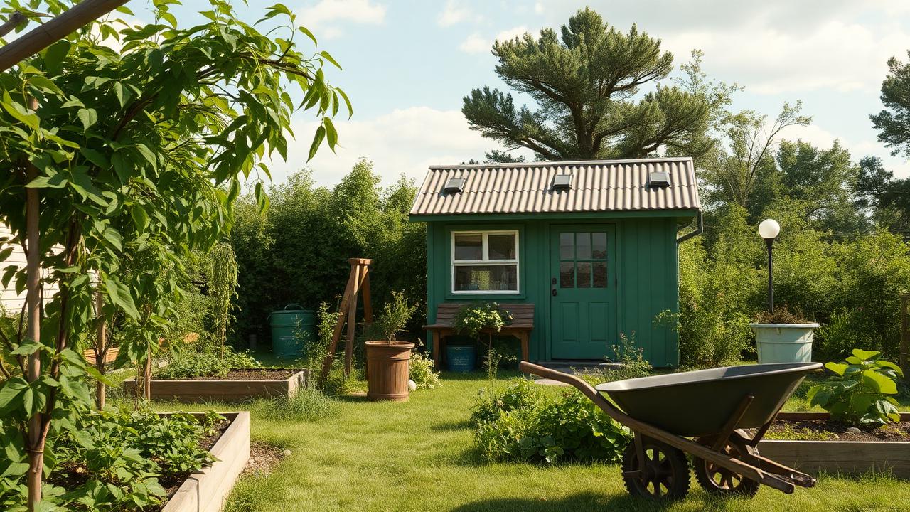 Green cabin in a vegetable garden tiny home design with garden A modest green-painted cabin with a tin roof, almost. Images Created by www.TinyHome-Revolution.com