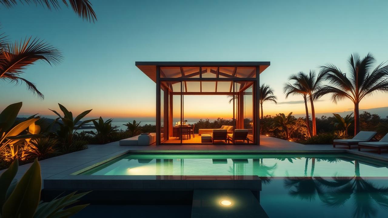 Luxury micro pavilion with plunge pool tiny home design with garden Small does not have to mean frugal. A bronze-framed. Images Created by www.TinyHome-Revolution.com