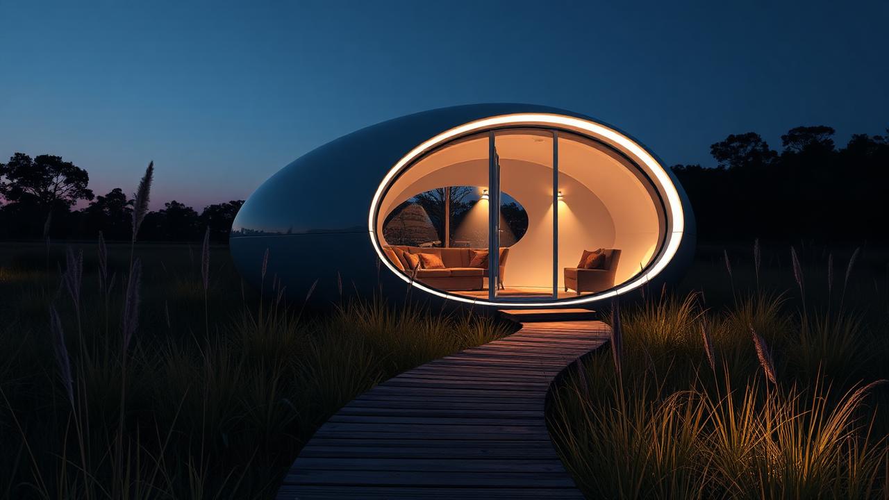 Future pod in native grassland tiny home design with garden A curved composite shell with a panoramic window and a. Images Created by www.TinyHome-Revolution.com