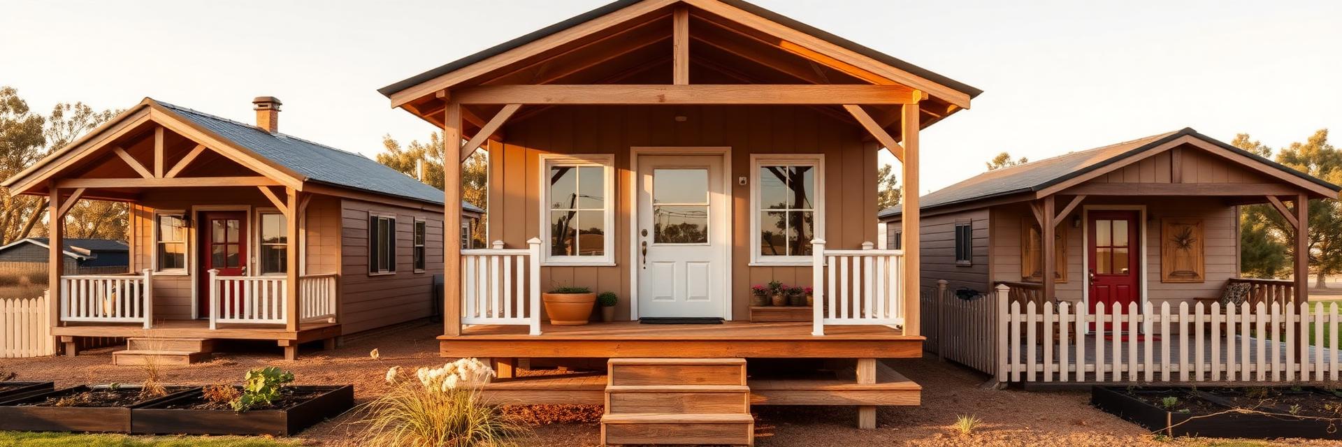Row of classic fixed site tiny home cabins and farm cottages with pitched roofs, verandahs, picket fences and raised vegetable. Images Created by www.TinyHome-Revolution.com